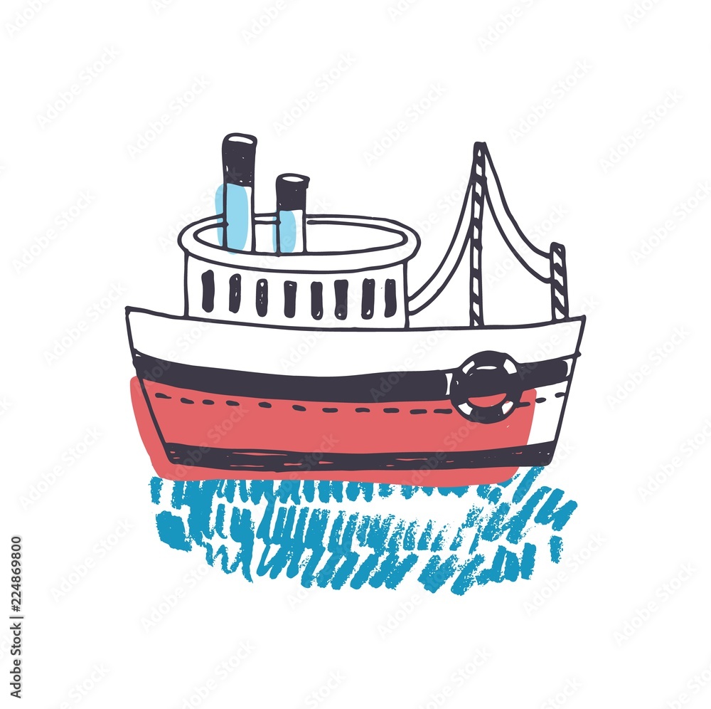 Doodle drawing of passenger ship, marine vessel, touristic watercraft or boat floating on ocean waves isolated on white background Doodle drawing of passenger ship, marine vessel, touristic watercraft or boat floating on ocean waves isolated on white background