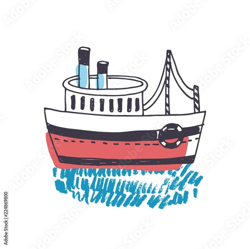 Doodle drawing of passenger ship, marine vessel, touristic watercraft or boat...
