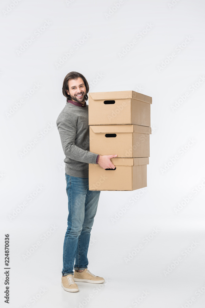 man holding stack of cardboard boxes isolated on white man holding stack of cardboard boxes isolated on white