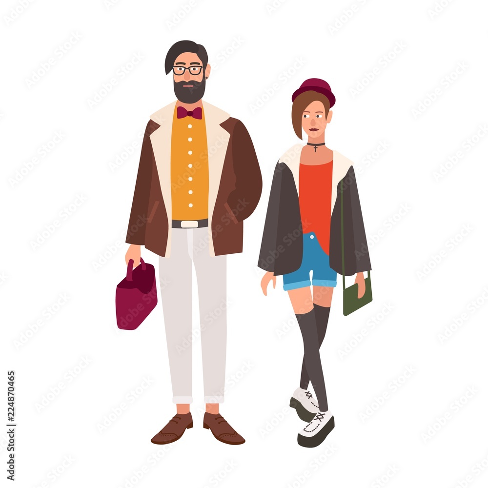 Pair of stylish hipsters. Young man and woman dressed in fancy trendy  clothes. Stylish couple. Cute male and female cartoon characters isolated  on white background. Colorful vector illustration. Stock Vector | Adobe
