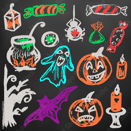 Halloween. A set of funny objects. Color chalk on a blackboard. Collection of festive elements. Autumn holidays. Pumpkin  ghost  spider  candy  eye  cauldron  wood  bat  candle