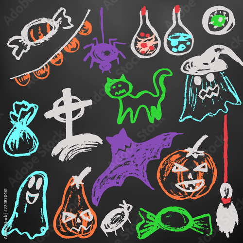 Halloween. A set of funny objects. Color chalk on a blackboard. Collection of festive elements. Autumn holidays. Pumpkin  ghost  spider  candy  eye  bat  broom  flags  potion  cat  cemetery