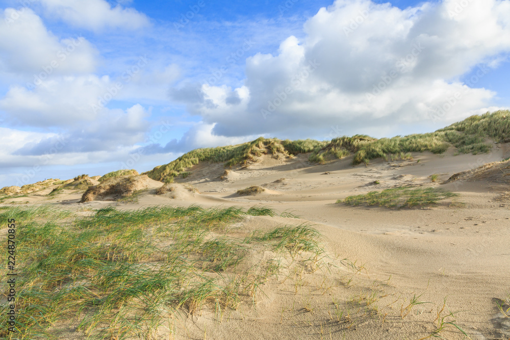 Dune valleys with deep wind holes carved out by heavy storm with swaying marram grasses with scattered clouds against blue sky