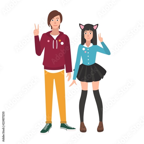 Pair of boy and girl Japanese anime and manga fans or lovers isolated on white background. Boyfriend and girlfriend. Otaku subculture or counterculture. Vector illustration in flat cartoon style.