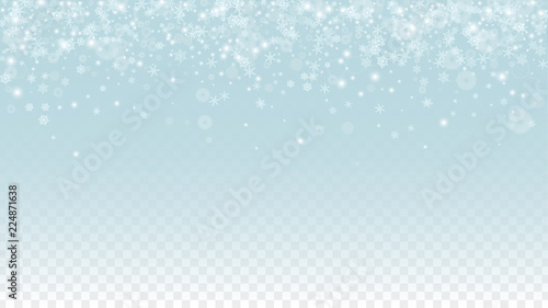 Christmas  Vector Background with White Falling Snowflakes Isolated on Transparent Background. Realistic Snow Sparkle Pattern. Snowfall Overlay Print. Winter Sky. Design for Party Invitation. photo