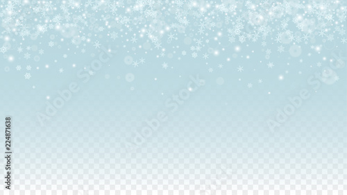 Christmas  Vector Background with White Falling Snowflakes Isolated on Transparent Background. Realistic Snow Sparkle Pattern. Snowfall Overlay Print. Winter Sky. Design for Party Invitation.