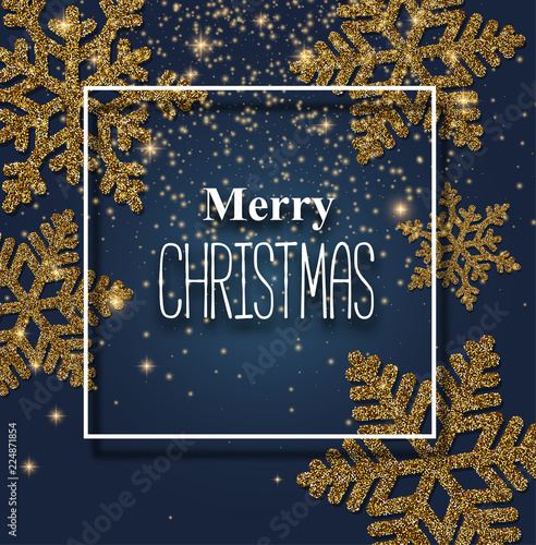 Merry Christmas card with beautiful golden snowflakes.