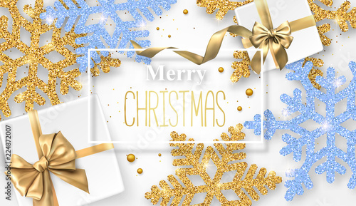 Merry Christmas shiny card with beautiful snowflakes and gifts.
