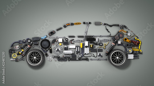 Obraz na płótnie car silhouette made of details 3d render on grey w salonie