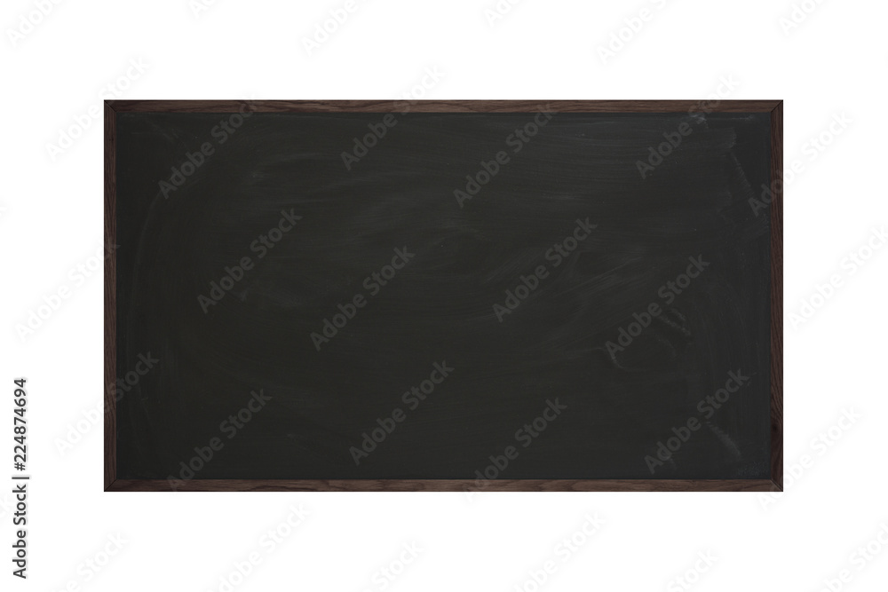 Black chalkboard with colored wooden frame on isolated white background composition Black chalkboard with colored wooden frame on isolated white background composition