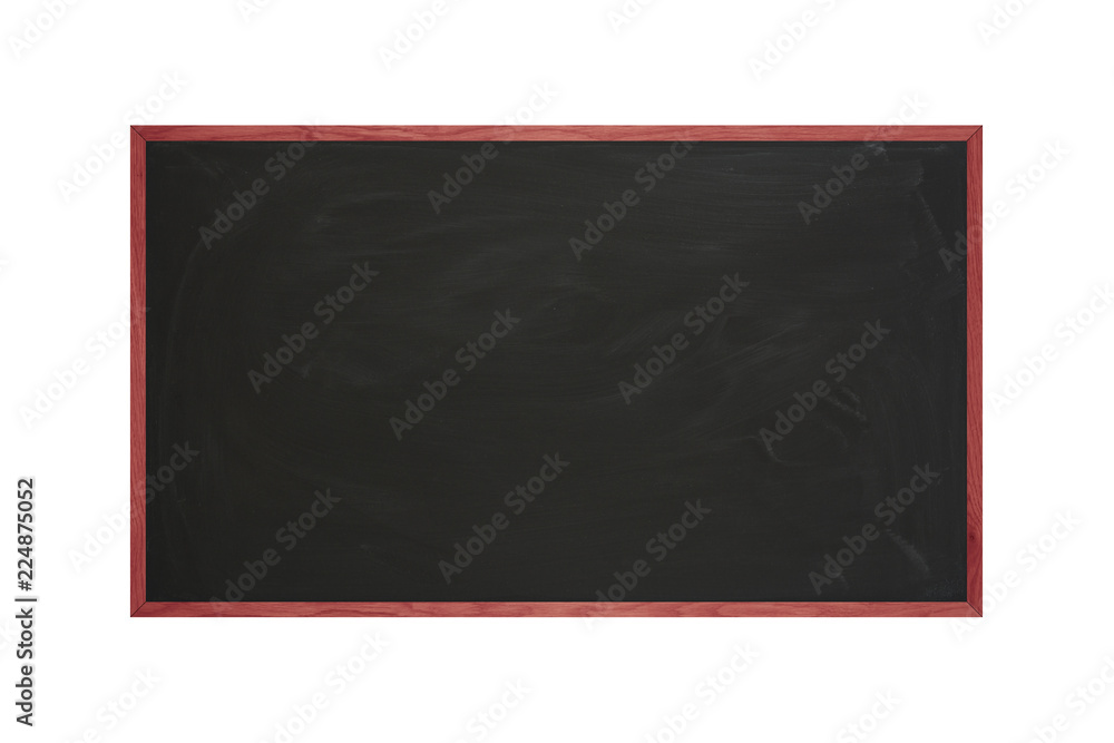 Black chalkboard with colored wooden frame on isolated white background composition Black chalkboard with colored wooden frame on isolated white background composition
