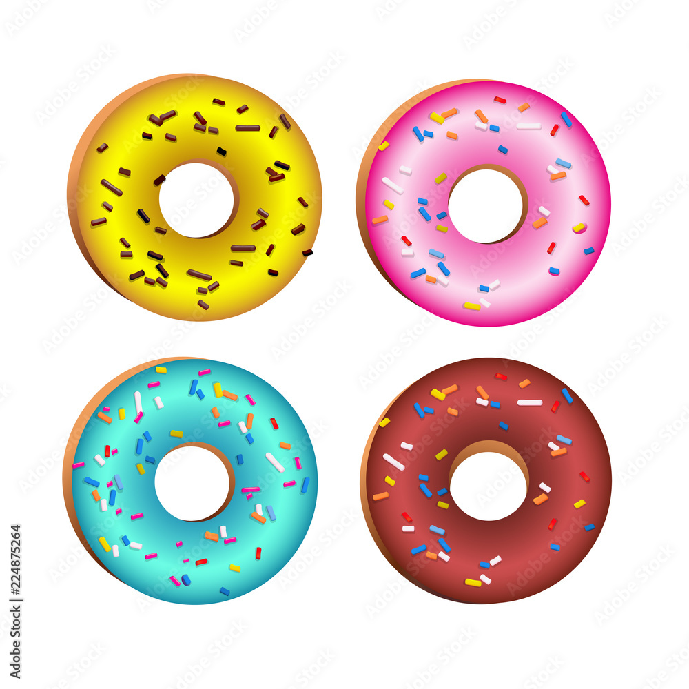Fototapeta premium Realistic vector colorful round donuts with sprinkles, glaze. Set of 4 delicious sweet pink, chocolate, yellow, azure donuts american dessert with colorful toppings on white background.