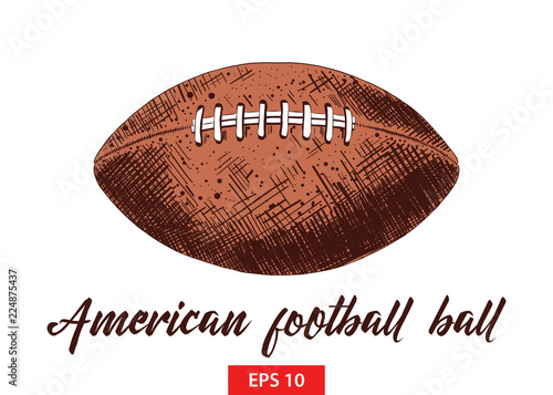 Vector engraved style illustration for posters, decoration and print. Hand drawn sketch of american football ball in colorful isolated on white background. Detailed vintage etching style drawing.