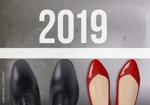 Carte de vœux 2019 contre la discrimination entre les sexes prenant pour symbole les pied d’un homme et d’une femme avant le départ d’une course