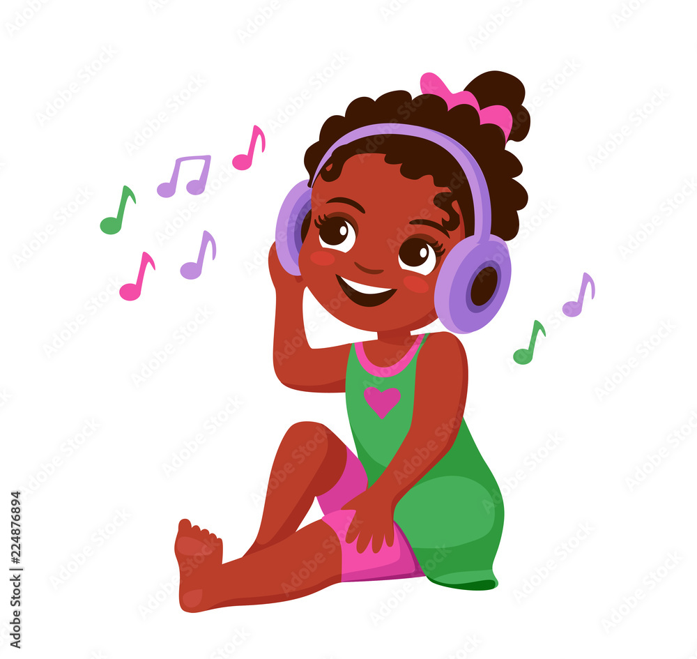 cute little african american girl in headphones listening to music. Cartoon  vector illustration Stock Vector | Adobe Stock