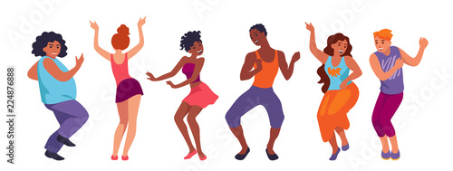 Young people of different Nations and gender dancing. Cartoon vector set