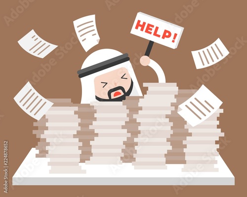 Arab businessman in pile of documents asking for help, over workload