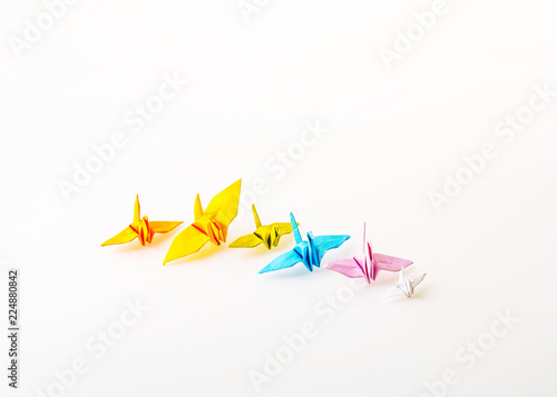 Diffirent Mini Size and Color Birds Paper, Origami on White Background for Copy Space