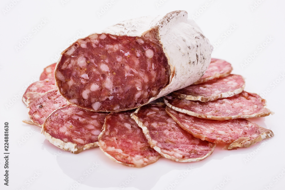Saucisson sec delicious french salami on a white background Saucisson sec delicious french salami on a white background
