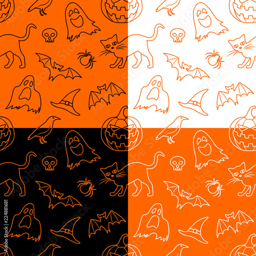 Set of 4 vector seamless patterns for Halloween. Seamless background with contour Halloween elements: jack-o-lantern, ghosts, raven, witch’s hat, bats, cat, skull and spider