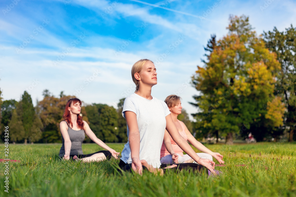 Yoga in the park, young woman doing exercises with group of mixed age people Yoga in the park, young woman doing exercises with group of mixed age people