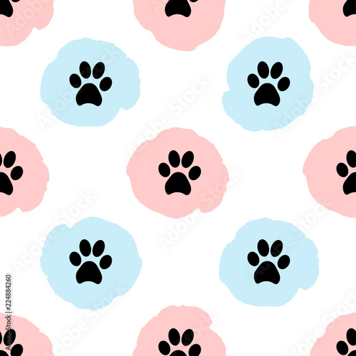 Seamless patterns with black animal footprints, pink and blue spots.