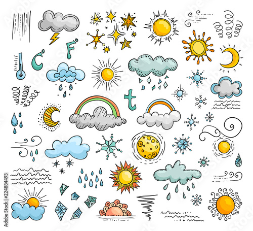 Icons of weather in the doodle style. Set of vector elements.