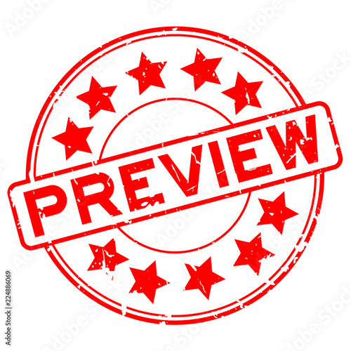 Grunge red rubber preview word with star icon round rubber seal stamp on white background