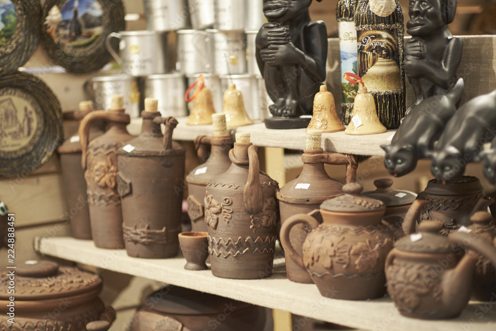 Traditional wooden toys, dolls, slingshots - Wooden toy fair - Street market - Nobody - Horizontal image Traditional wooden toys, dolls, slingshots - Wooden toy fair - Street market - Nobody - Horizontal image
