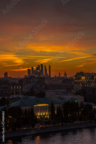 Fire sunset over Moscow. View for Moscow International Business Center, Moscow-city.