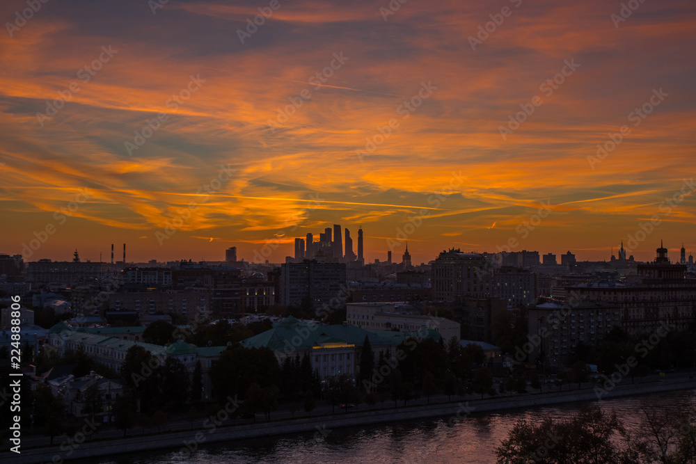 Fire sunset over Moscow.  View for Moscow International Business Center, Moscow-city.