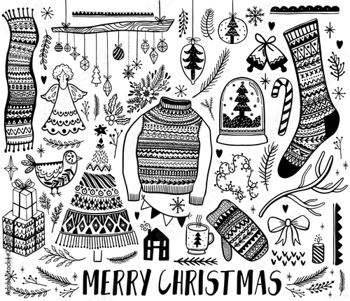 Big set of Christmas design element in doodle style. Hand draw collection New Year. Decorative drawing.