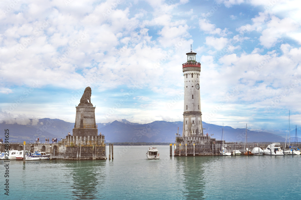 Famous Harbor entrance of Lindau city at the german Bodensee