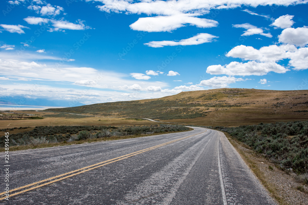 A paved road goes through Antelope Island State Park in Salt Lake City Utah