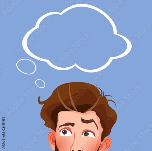 Educated student thinking with think bubble above head. Education vector concept. Illustration of man with idea bubble, businessman thinking