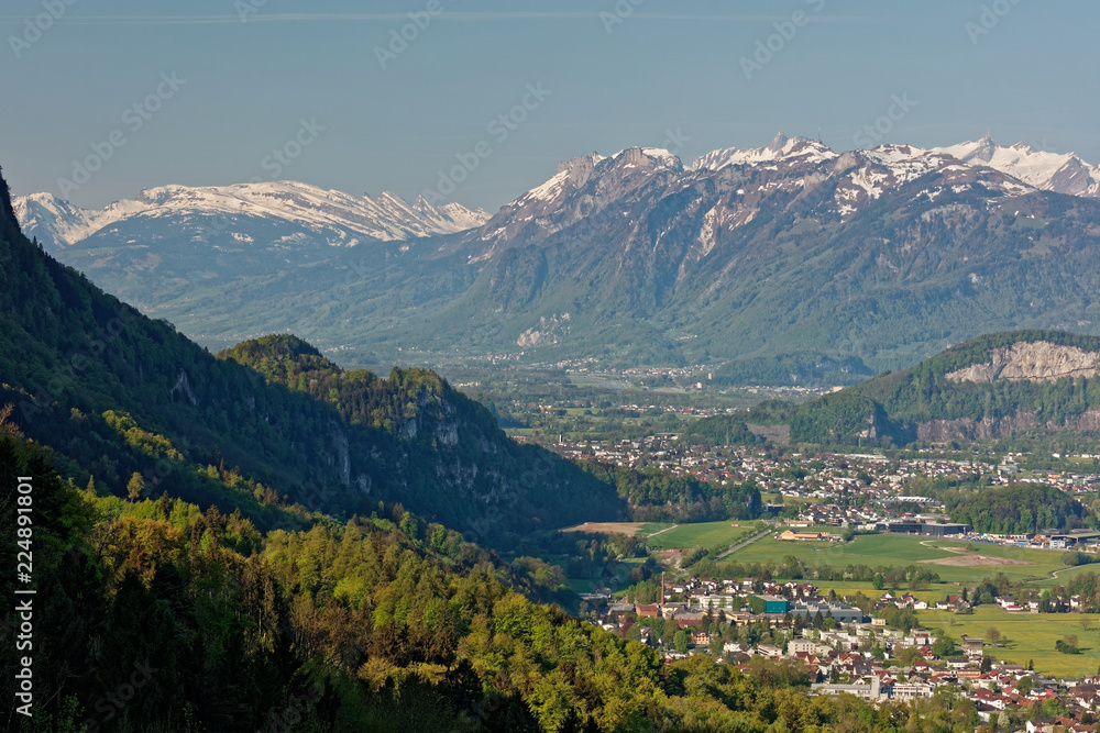 Hohenems/Altach, Rhine valley, Austria - sunrise over Rhine valley with snowy peaks of  Apenzell Alps in Switzerland