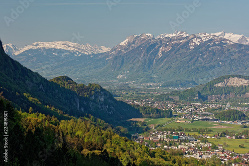 Hohenems/Altach, Rhine valley, Austria - sunrise over Rhine valley with snowy peaks of Apenzell Alps in Switzerland