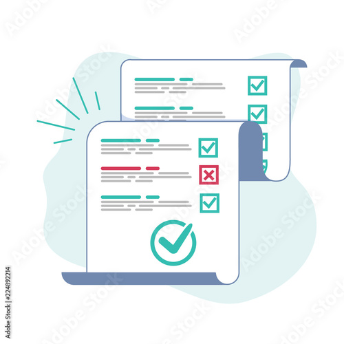 Survey or exam form long paper sheet with answered quiz checklist and success result assessment, idea of education test