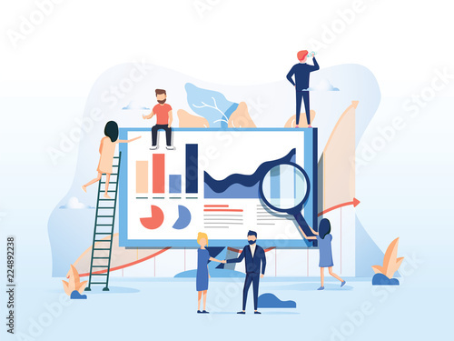 Vector illustration. Creative teamwork. People are building a business project on the Internet. The monitor screen
