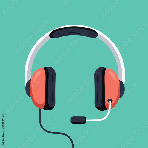 Headphones vector illustration, flat cartoon headset with mic isolated. Customer support operator icon