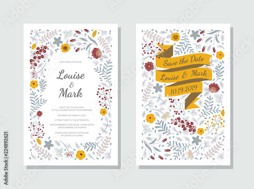 Wedding Invitation, botanical style template. Save the date card design with ribbon, leaves, branches, flowers, frame pattern on white background. Vector decorative greeting card