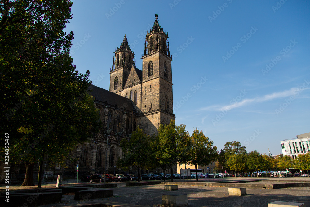 Domplatz in Magdeburg mit Magdeburger Dom an einem Sommermorgen Domplatz in Magdeburg mit Magdeburger Dom an einem Sommermorgen