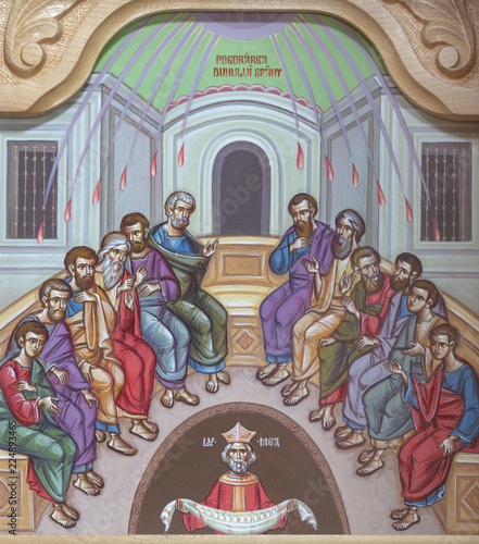 Quadro su tela REGGIO EMILIA, ITALY - APRIL 12, 2018: The icon of Pentecost scene on the iconostas in church Chiesa di San Giorgio in Reggio Emilia from 20 cent