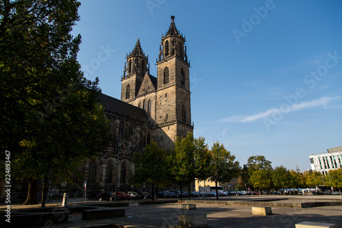 Domplatz in Magdeburg mit Magdeburger Dom an einem Sommermorgen 