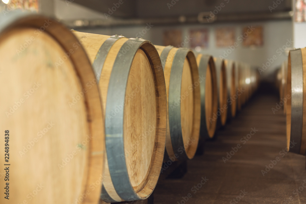 Wine oak barrels in which red wine is aged in the cellar of the winery. Concept of the production of wine