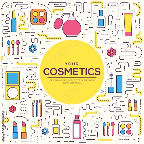 Thin line makeup tools modern illustration concept. Infographic cosmetic equipment for beauty. Icons on isolated white background. Flat template design for web and mobile application