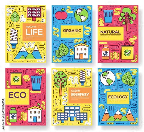 Clean energy vector brochure cards thin line set. natural resources template of flyear, magazines, posters, book cover, banners. Layout ecology outline illustrations modern pages.