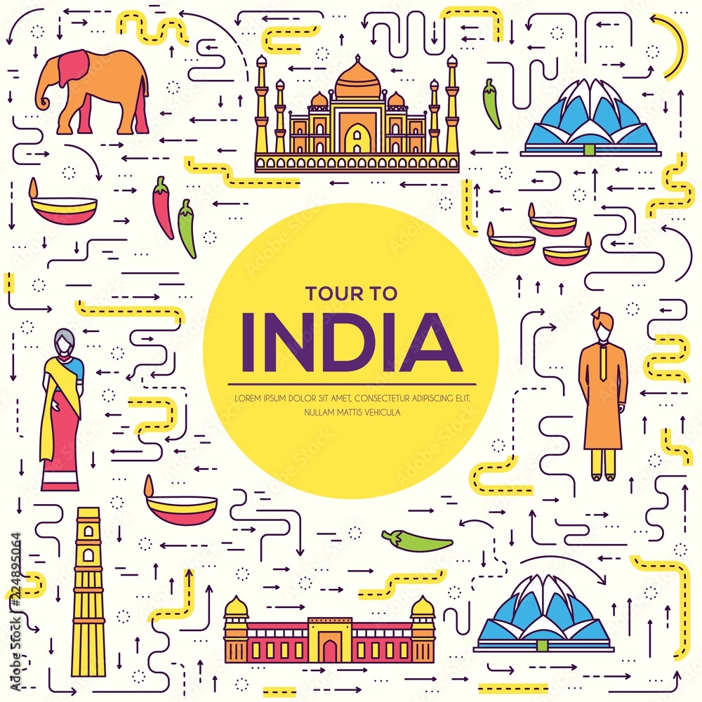 Obraz premium Country India travel vacation guide of goods, place and feature. Set of architecture, fashion, people, item, background concept. Infographic traditional ethnic flat, outline, thin line 
