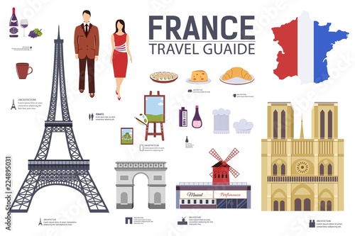 Country France travel vacation guide of goods, places and features. Set of architecture, fashion, people, items, nature background concept. Infographic template design for web and mobile on flat style