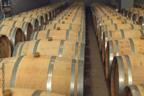 Wine oak barrels in which red wine is aged in the cellar of the winery. Concept of the production of wine